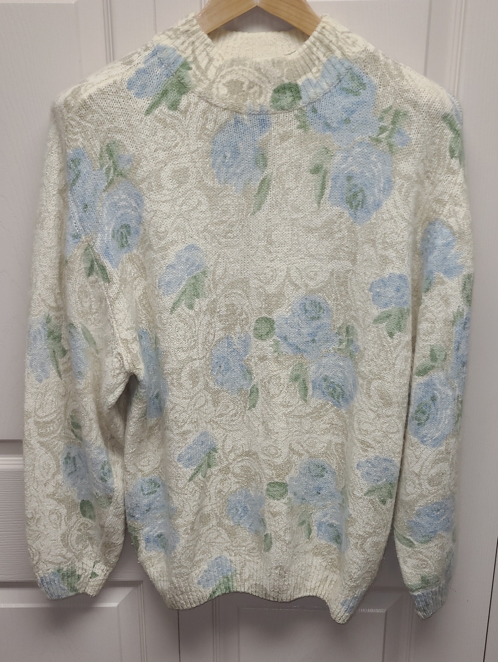 Vintage retro grannycore Cream Floral Turtleneck Sweater with Light Blue Roses
